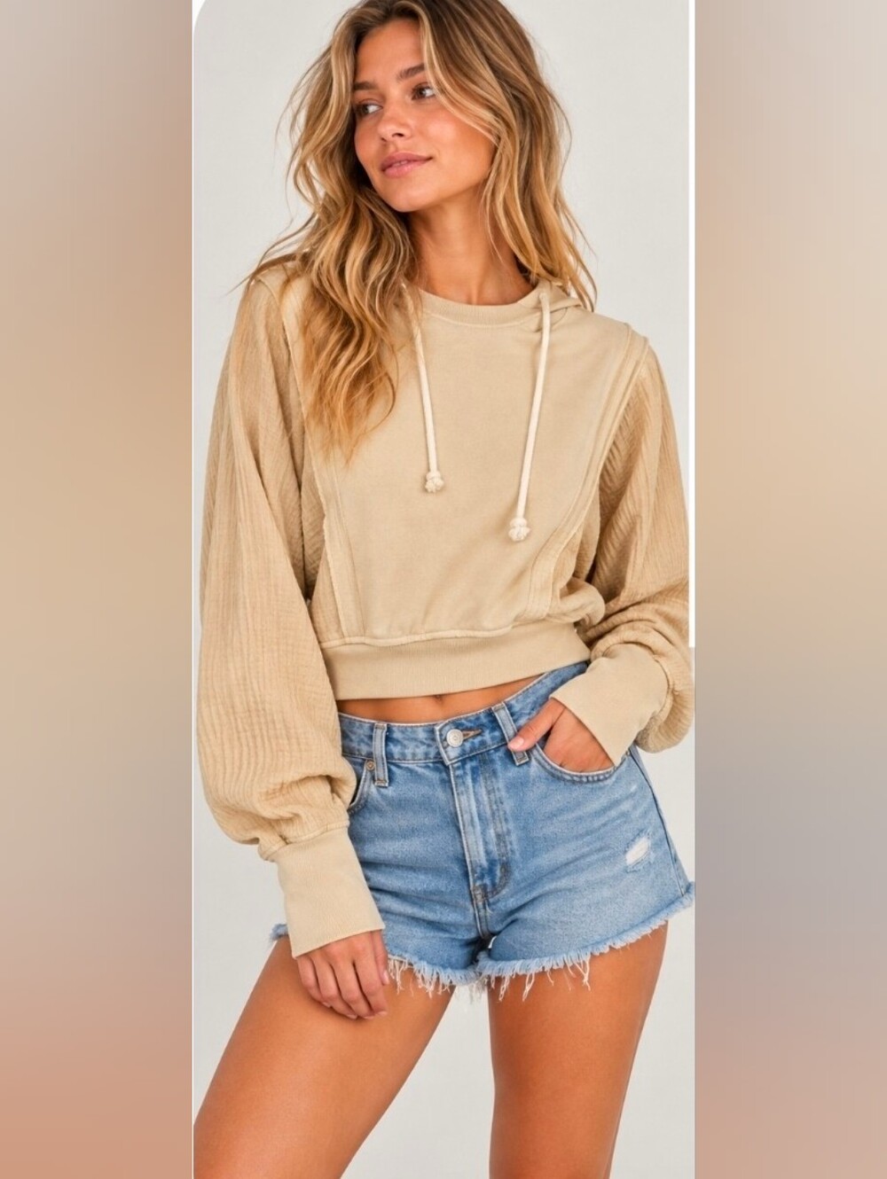 Free People Tan Cropped Hoodie